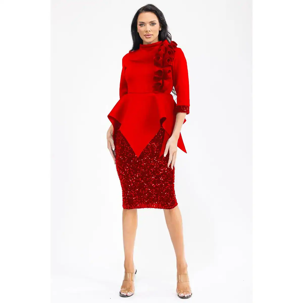 New – Peplum Ruffled Sequin (Red Dress) 4 Size Selections (S-XL) –Holiday Ready!!!