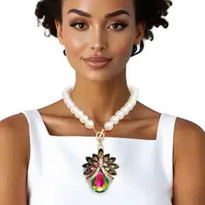 Toggle Pearl Multicolor or Solid Crystal Pendant Necklace (2 Color Selection)