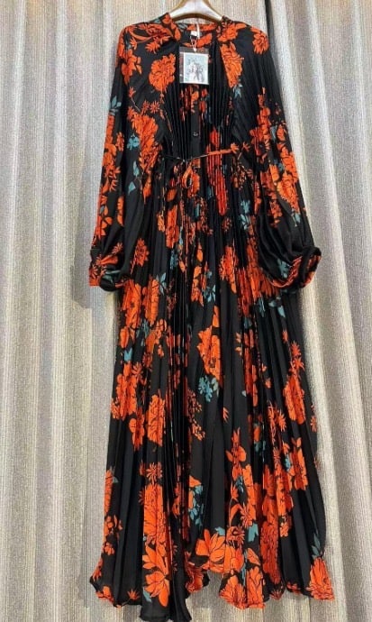 New – Designer Orange & Multi Pleated Dress (One Size) O/S