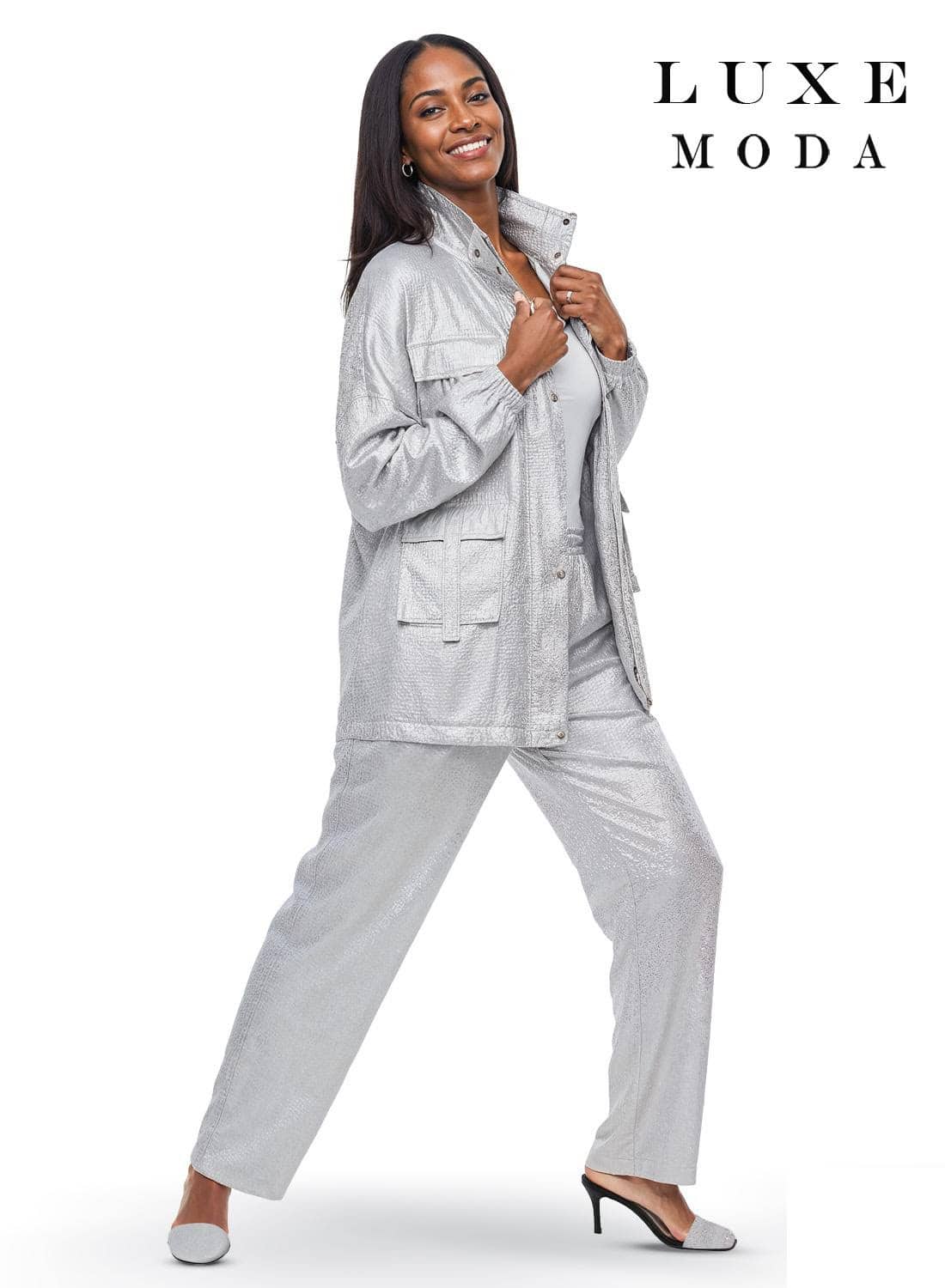 New – Luxe Moda Silver Pant set (L/XL)