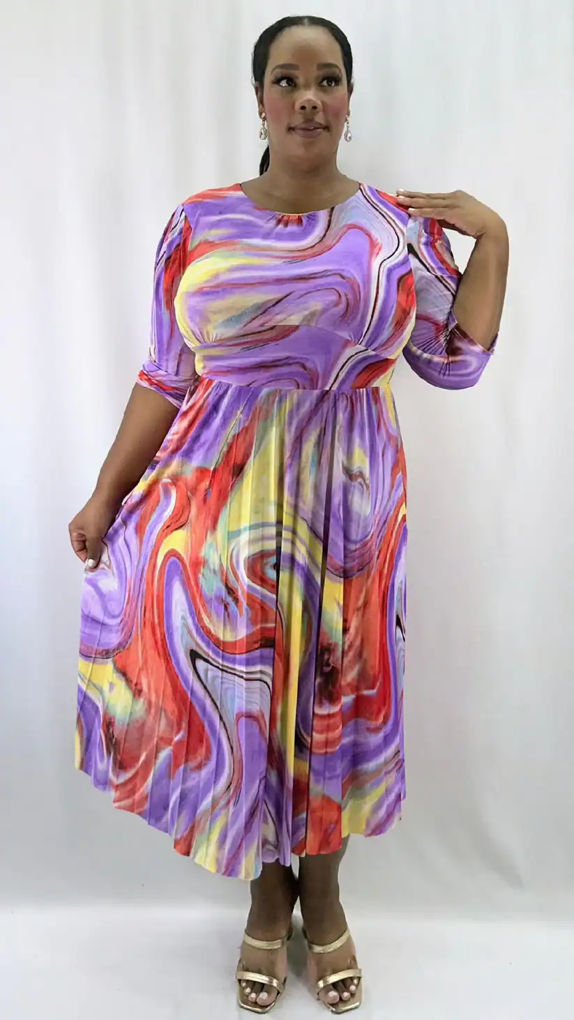 New – Designer Tie-dye Multi-Colored Pleated Dress (3 Size Selection)