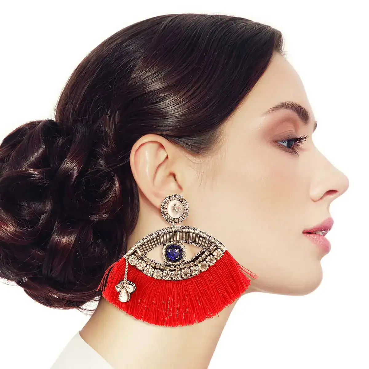 New – Red Tassel Rhinestone Eye Earrings (Pierced)
