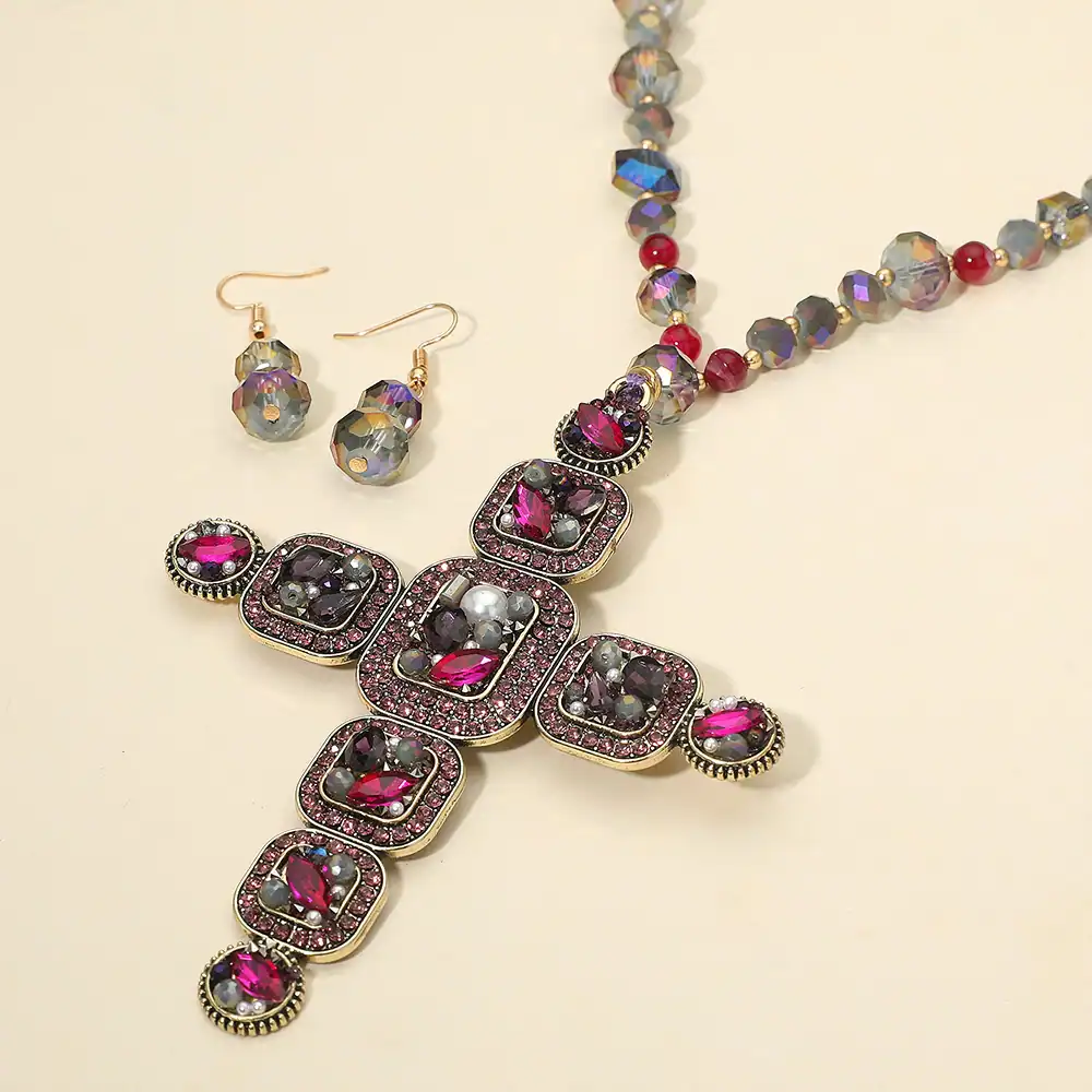 New – Designer Stone Pearl ross Pendant Long Necklace (2 Color Selection)