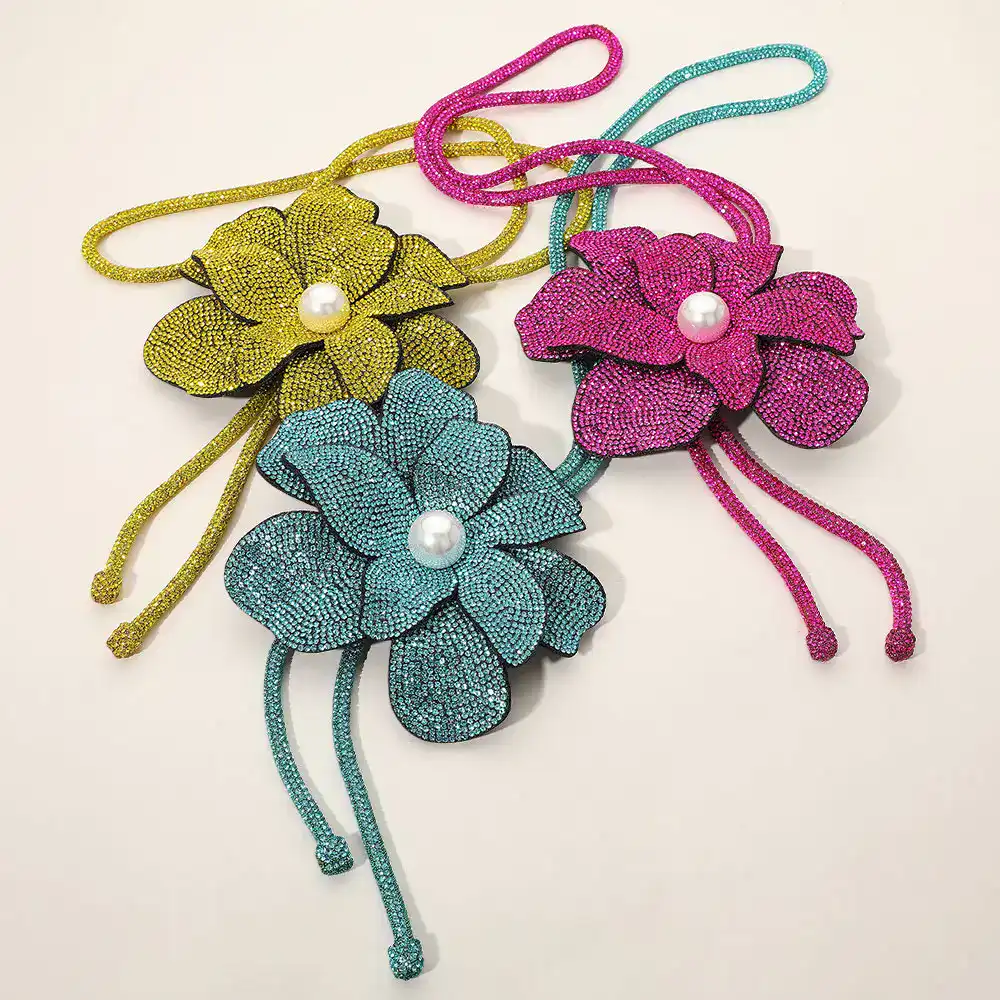 New – Long Length Flowered Bling Necklaces (3 Color Selections)