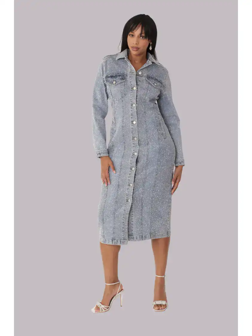 New – Rhinestone Denim Button-Down Dress – Love IT (3 Size Selection) XL, 1X, 2X (1X SOLD)