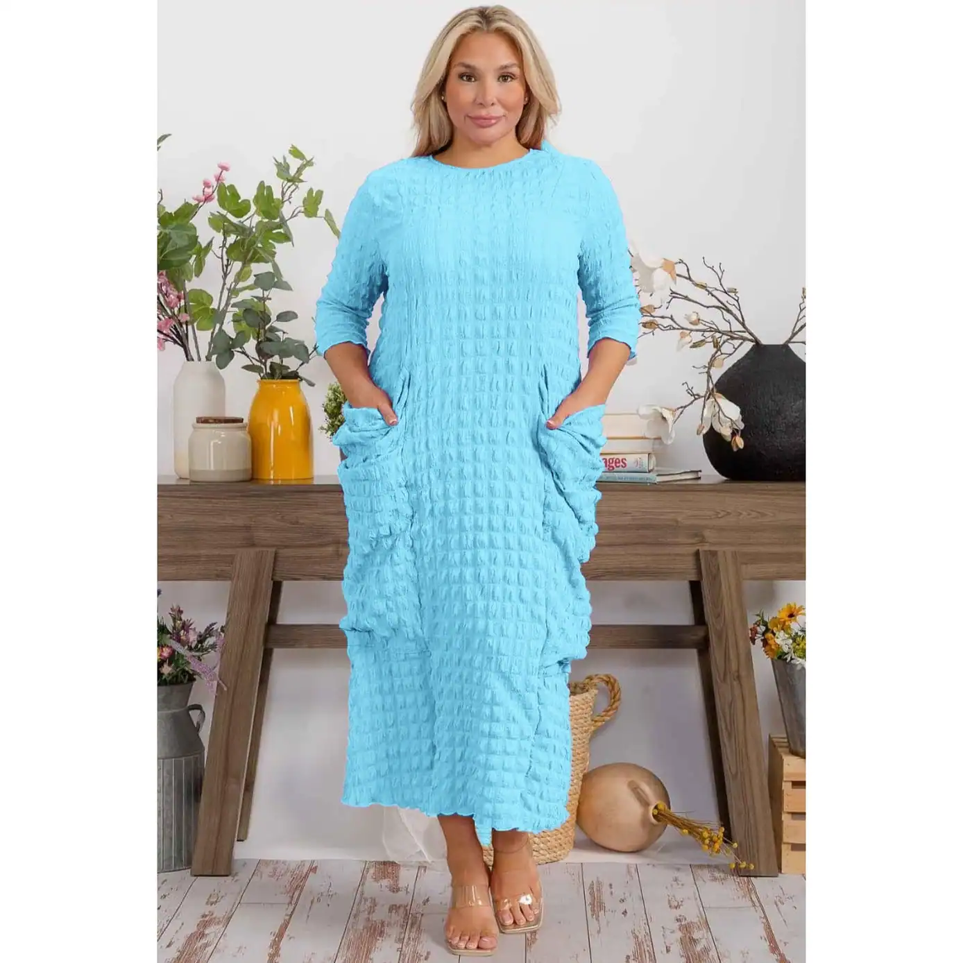 New – Multi Pocket Light Blue Popcorn Dress (2 Size Selections – 1X, 2X Left)
