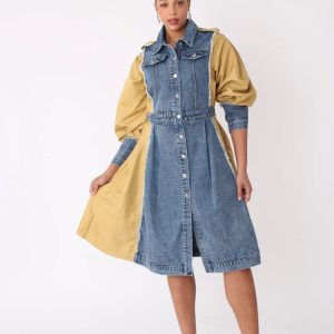 New - Two Tone Denim Duster Button Down Dress (2X)