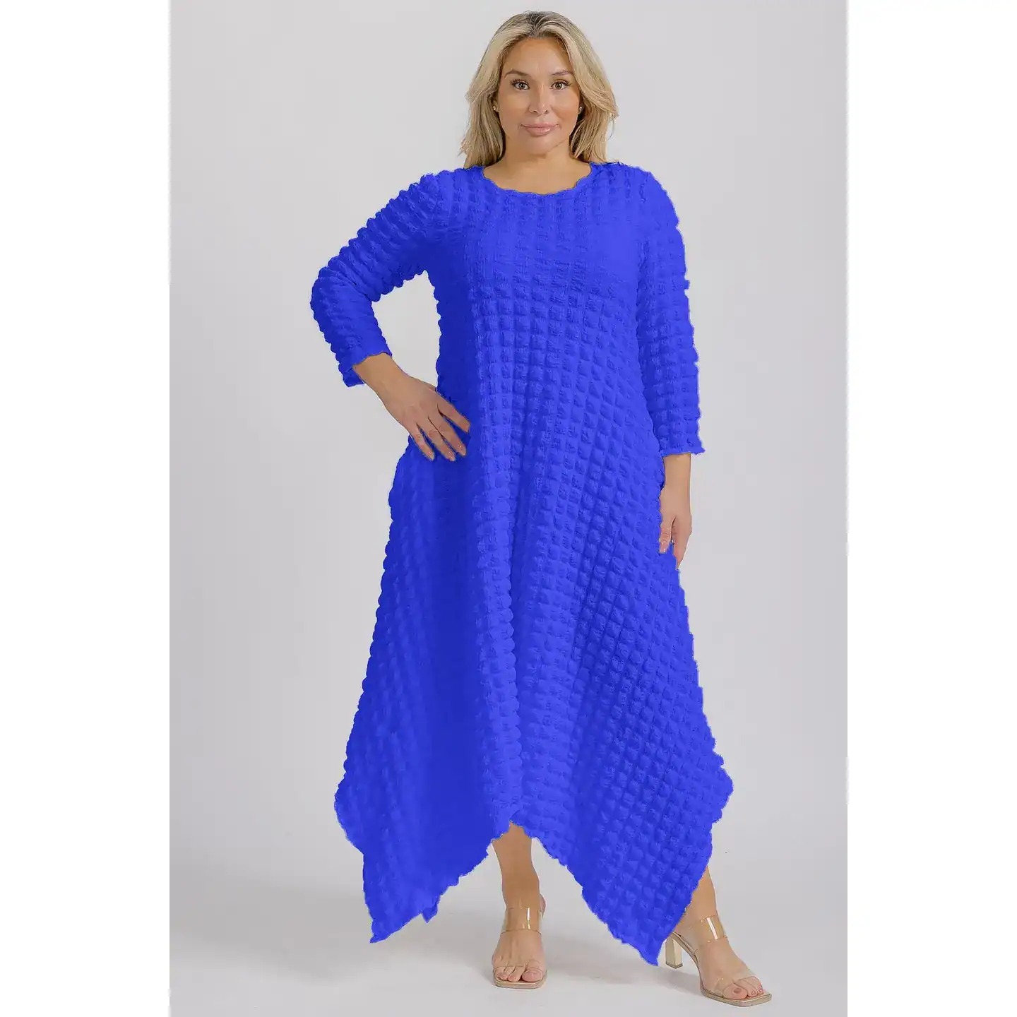 New – Designer Blue Regular Size Popcorn Handkerchief Dress (4 Size Selection – S-XL) –