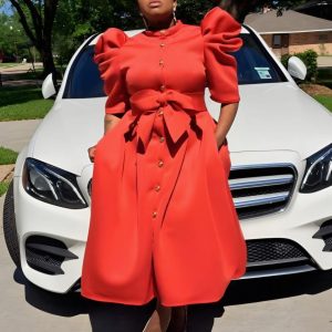 New - Designer Orange 10 Button Light Scuba Dress (3X Left)