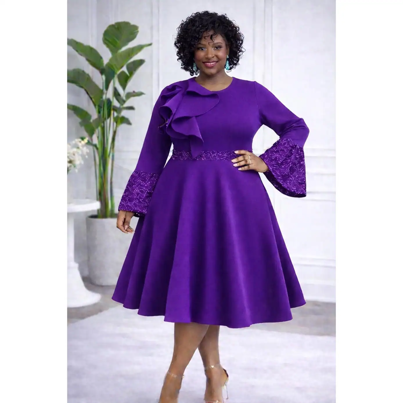 New – Purple Plus Size Sequence Combo Bell Sleeve Midi Dress – 3 sizes (1X-3X)  – ONLY 1X LEFT