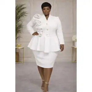 New - White Plus Size Flower Detail Midi Dress (1X - 3X)