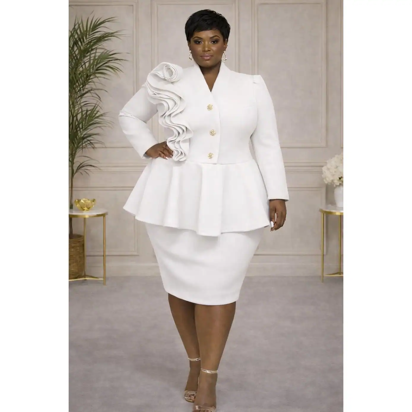 New – White Plus Size Flower Detail Midi Dress (1X – 3X)