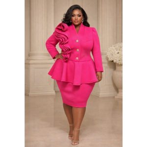 New - Fuchsia Plus Size Combo Bell Sleeve Midi Dress (1X-3X)