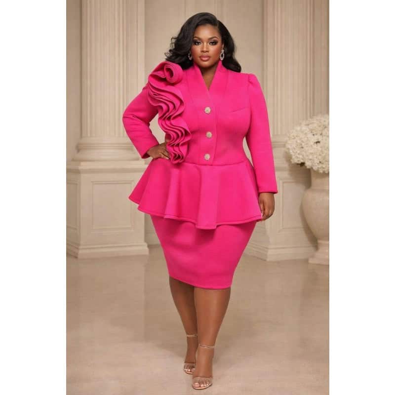 New – Fuchsia Plus Size Combo Bell Sleeve Midi Dress (1X-3X)