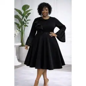 New - Black Plus Size Combo Bell Sleeve Midi Dress (3 Sizes 1X-3X) 2X is Sold