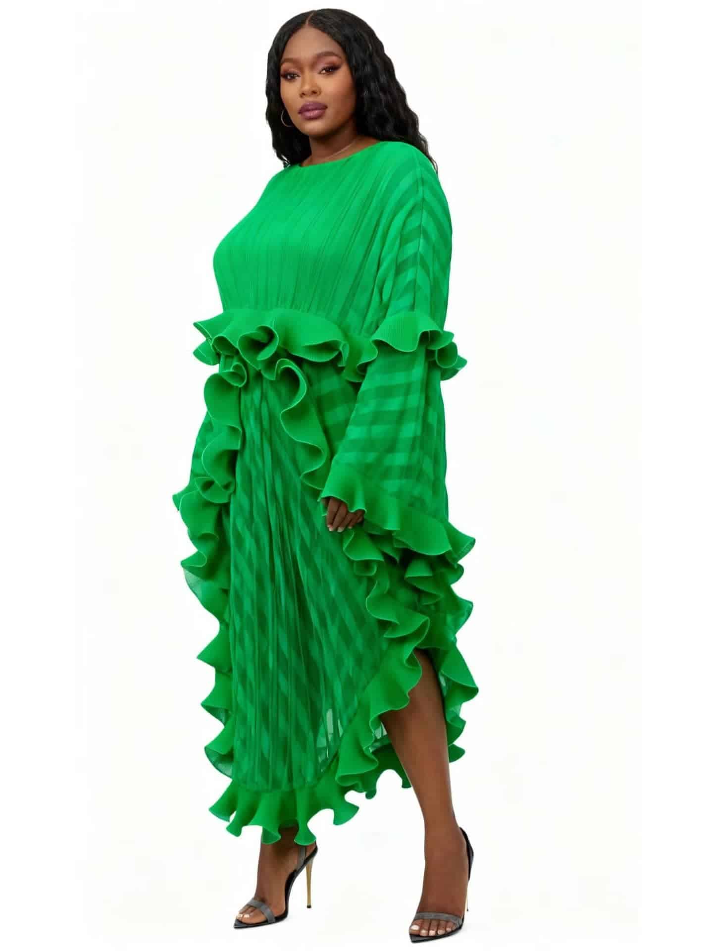 New – Green Ethereal Cascade Pleated Maxi Dress – One Size