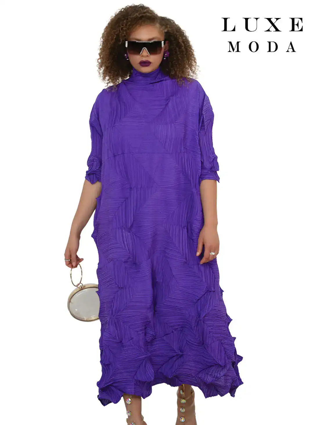 New – Designer One Size Crinkled Travel Friendly Dress (2 Colors – Black & Purple) – One Size – Travel Friendly