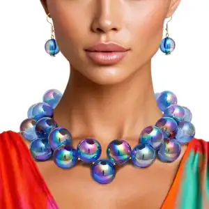 New - Blue Iridescent Bubble Ball Bead Gold Set w/earrings