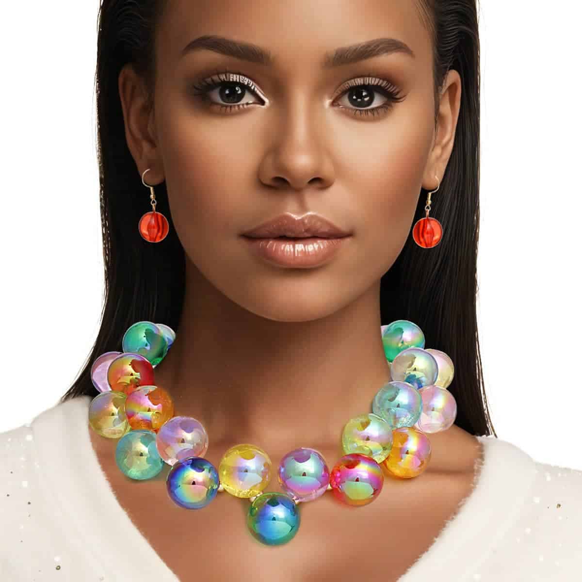 New – Necklace Multicolor Iridescent Bubble Ball Bead Set