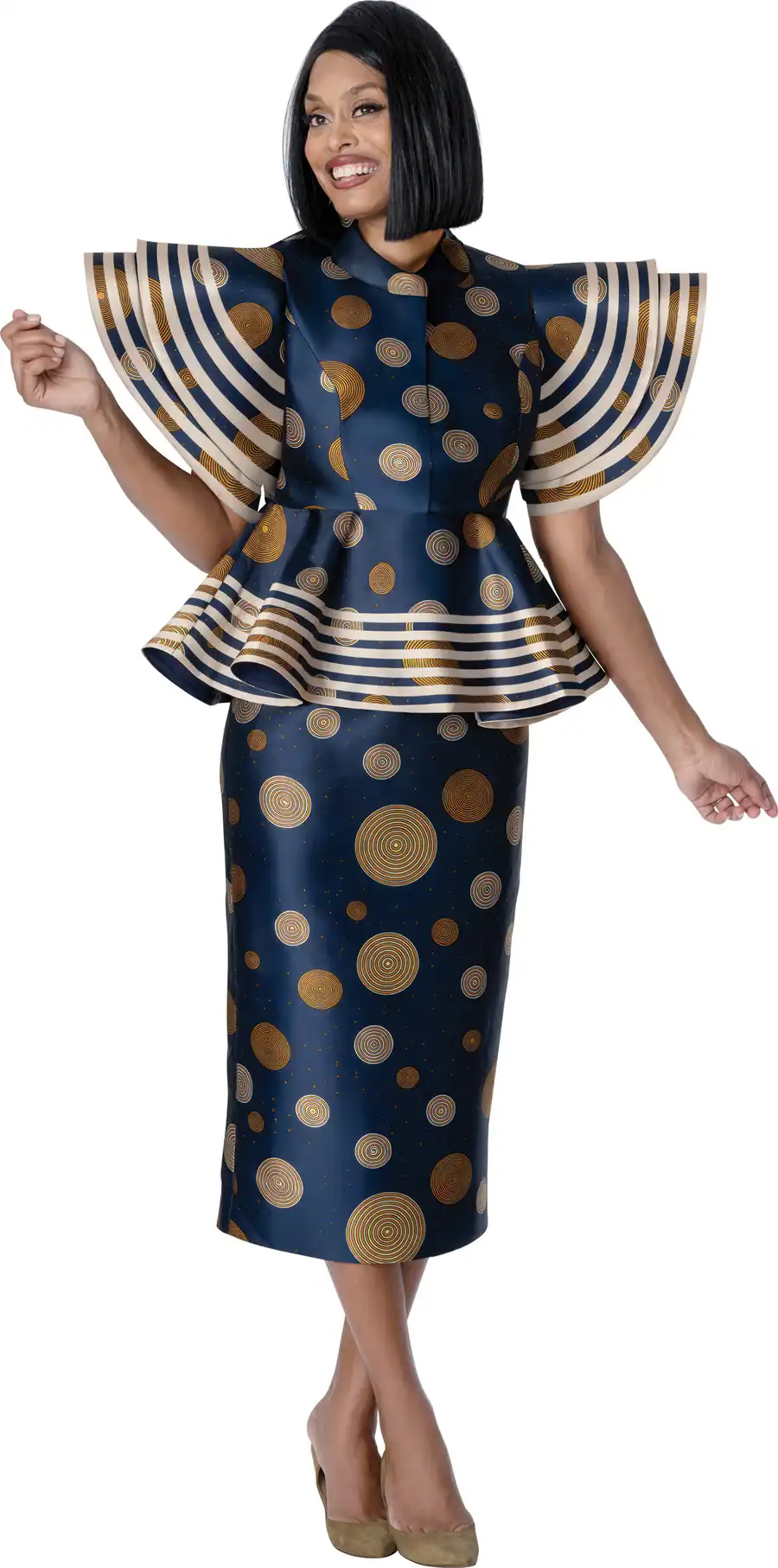 New – Designer 2pc Navy Multi Suit – Pending Size