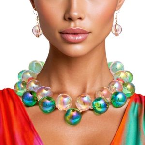 New - Designer Necklace Pink Green Iridescent Bubble Ball Bead