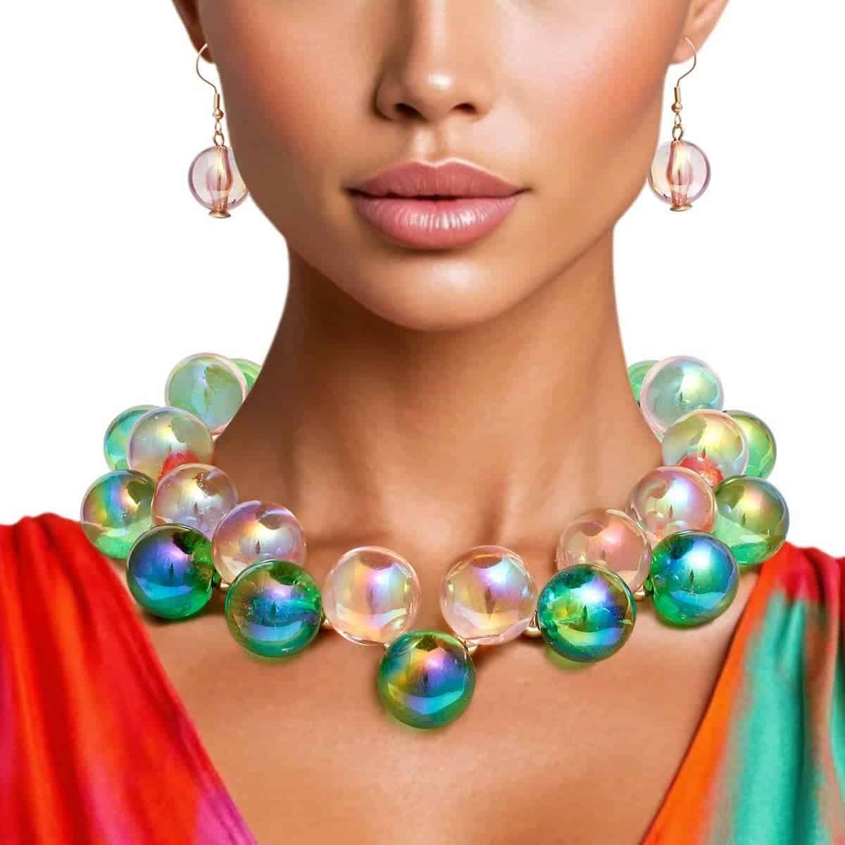 New – Designer Necklace Pink Green Iridescent Bubble Ball Bead