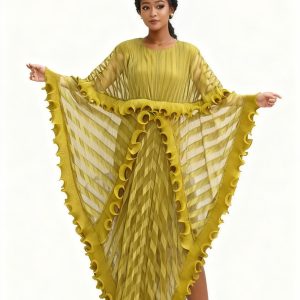 New - Yellow-Gold  Cascade Pleated Maxi Dress
