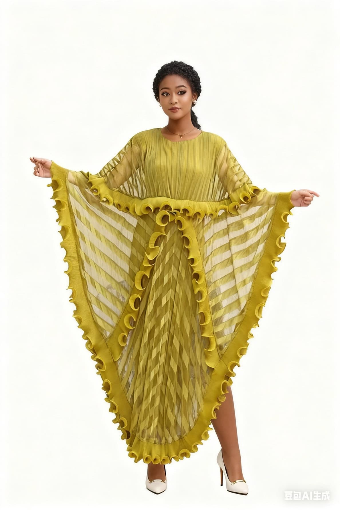 New – Yellow-Gold  Cascade Pleated Maxi Dress