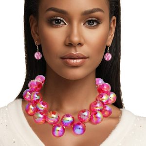 New - Necklace Fuchsia Iridescent Bubble Ball Bead Set