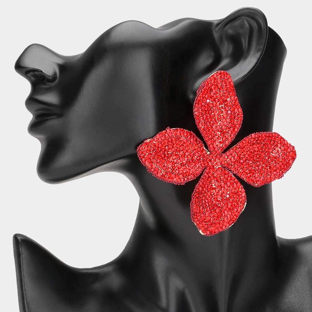 New – Oversized Bling Studded Flower Earrings (3 colors – Black, Royal Blue and Red) Very nice (Pierced)