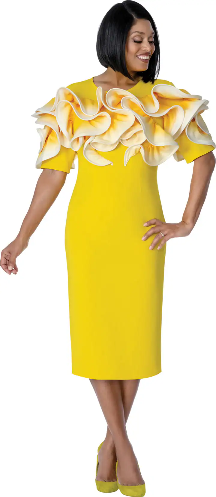New – Designer Yellow w/ white trim and BIG Ruffle Dress (2 Sizes)