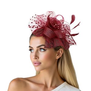 SOLD New - Burgundy Flower Feather Polka Dot Fascinator