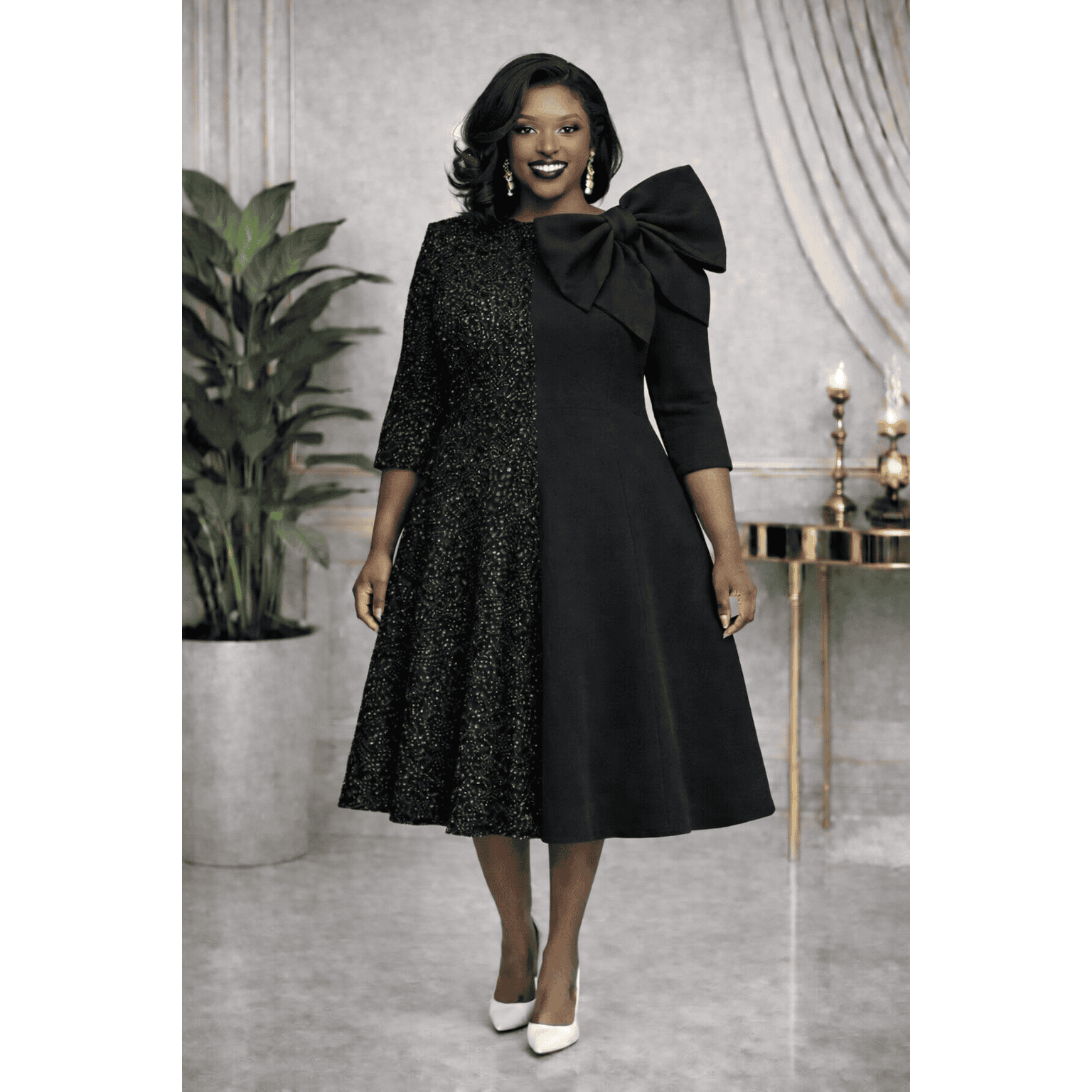 New – Designer Black  Light One-Half Sequin Dress w/ Bow (Regular Sizes – S, M, L, XL)