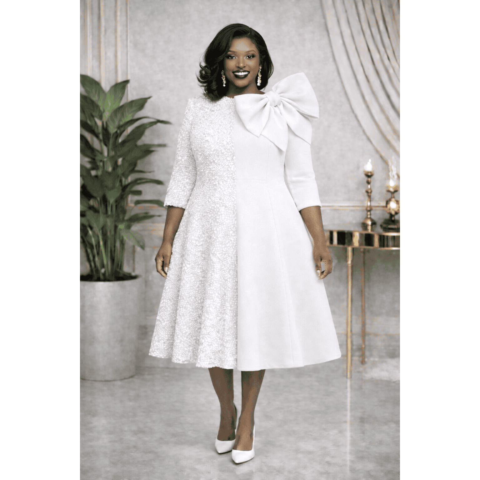New – Designer White Light One-Half Sequin Dress w/ Bow (Regular Sizes – S, M, L, XL)