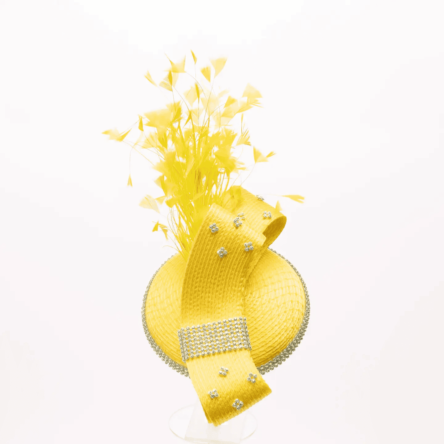 New – Designer Fascinator with Rhinestone and Feather (2 color selection – yellow and green) Fabulous