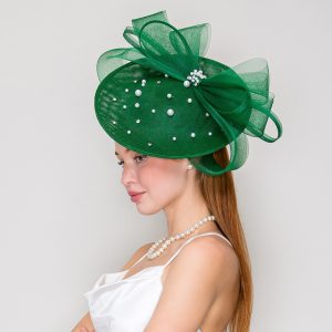 New -Organza Bow Green Fascinator with Pearl and Rhinestone Accent