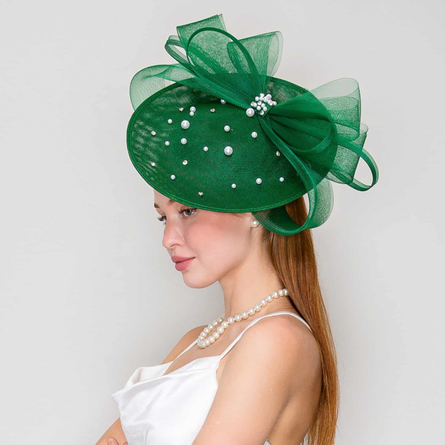 New -Organza Bow Green Fascinator with Pearl and Rhinestone Accent