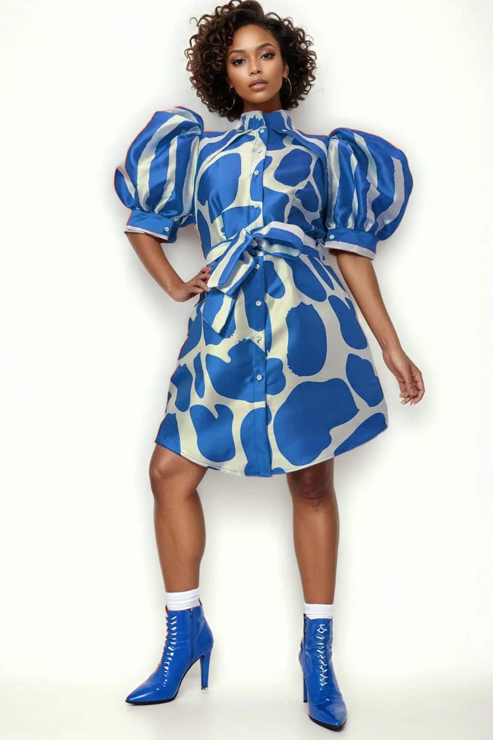 New – Royal Blue and Print Midi Dress w/Puffy Sleeve (Very Nice)  XL
