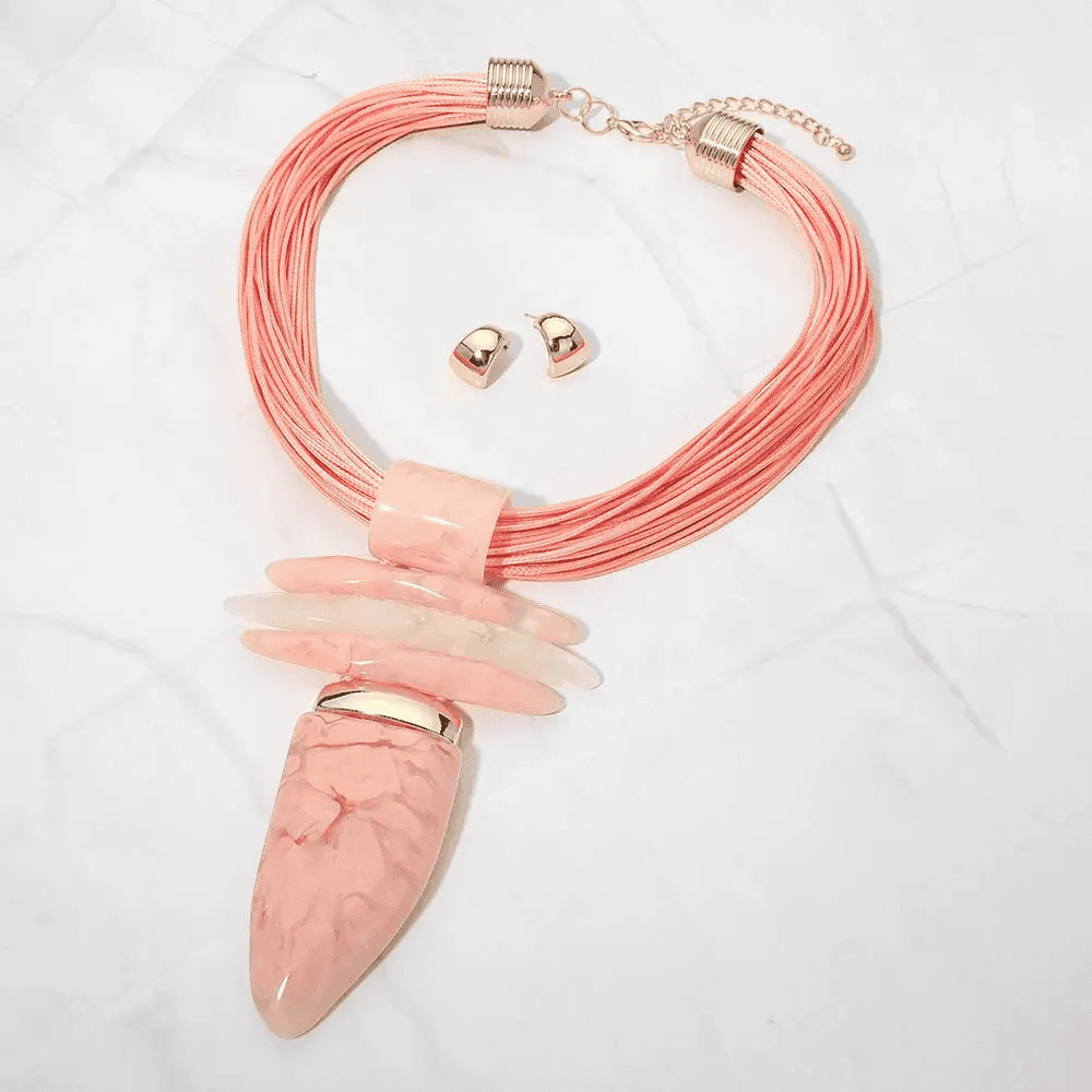 New – Bold Abstract Marbled Resin Pendant Accent Multi Strand Cord Statement Necklace (2 Color Selection)