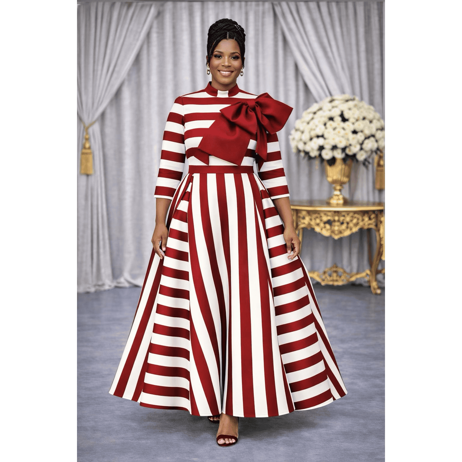New – Designer Regular Size  Stripe Maxi Dress (S, M, L, XL)  – Burgundy