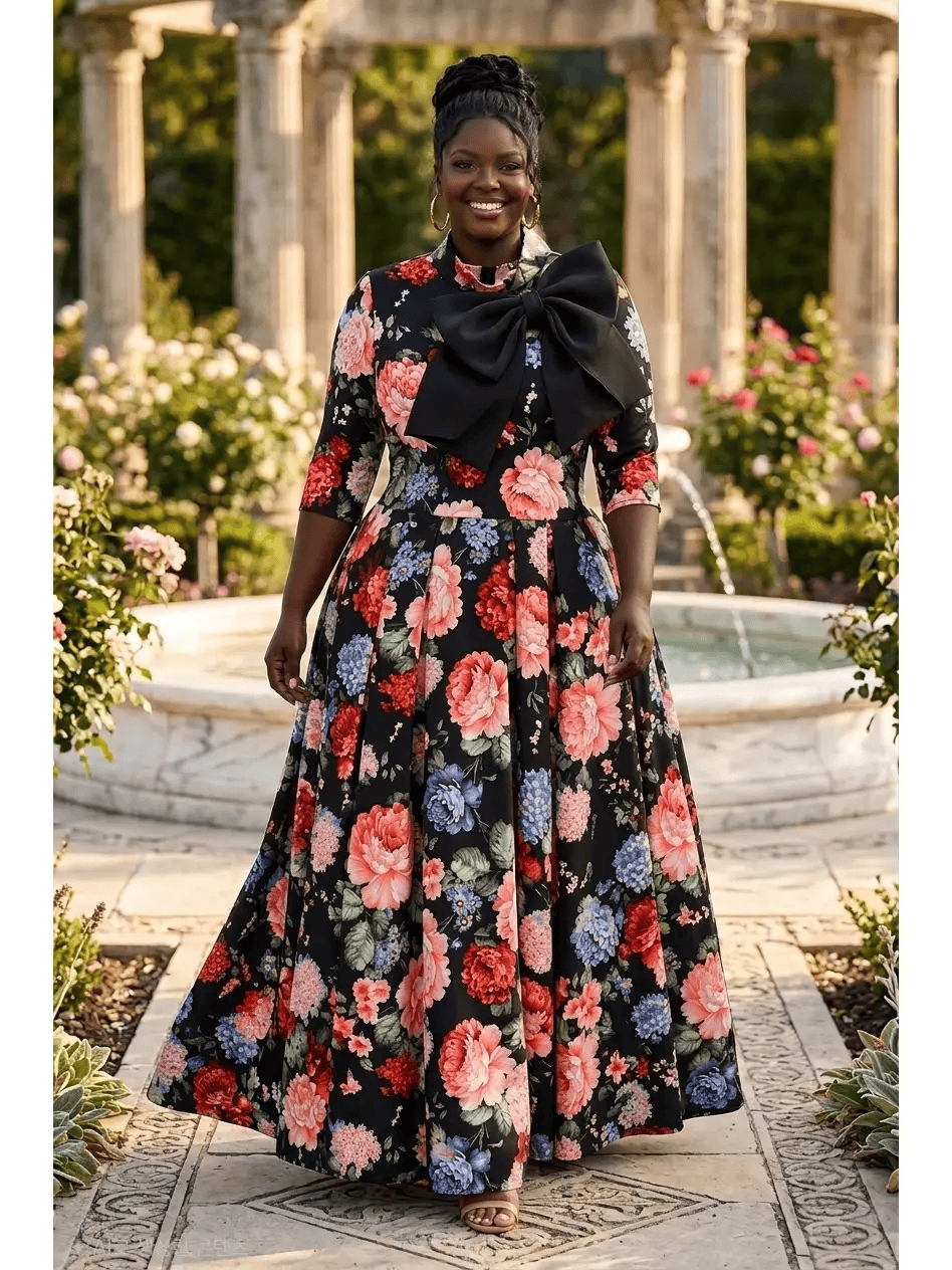 New – Designer Floral Print w/ Black Bow in Regular Size – (S, M, L, XL) Maxi Dress
