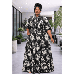 New - Designer Plus Size Crepe Techno Maxi Dress  - Black  (1X, 2X, and 3X)