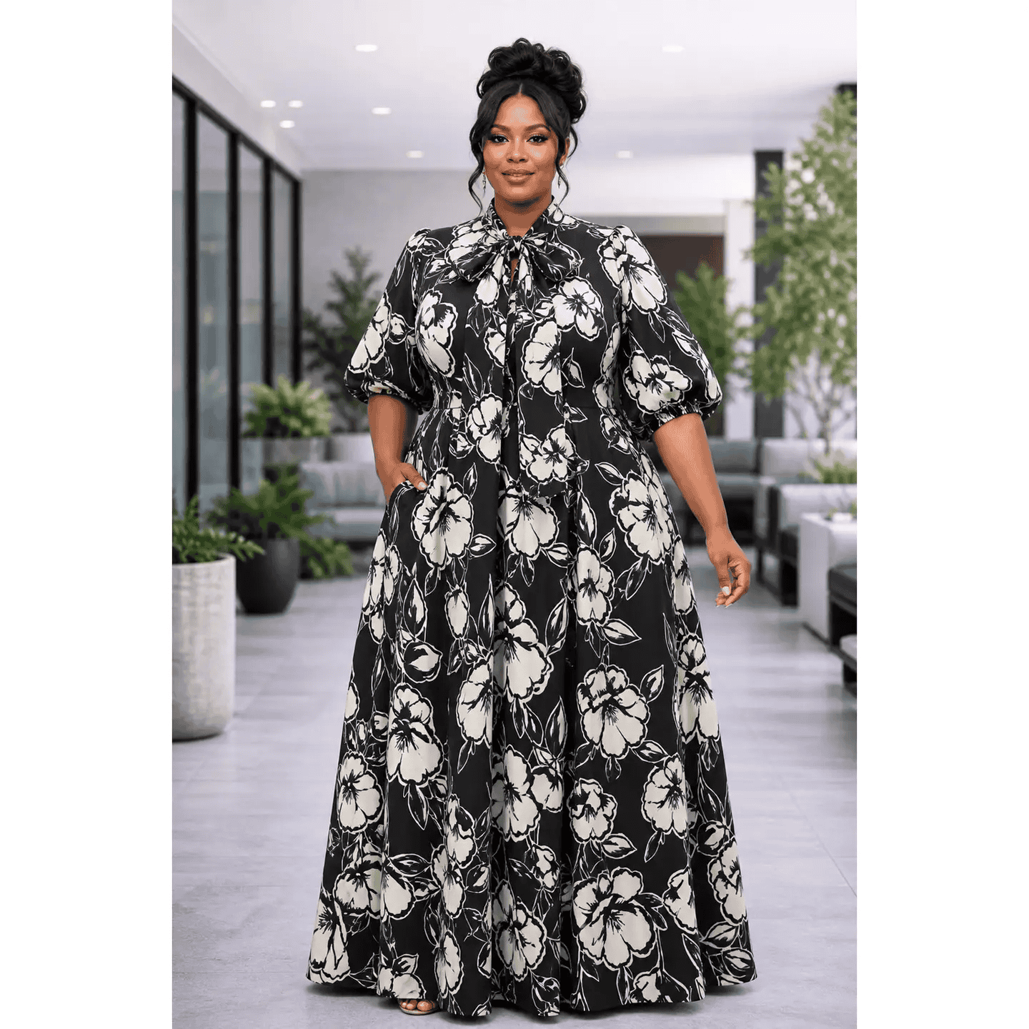New – Designer Plus Size Crepe Techno Maxi Dress  – Black  (1X, 2X, and 3X)