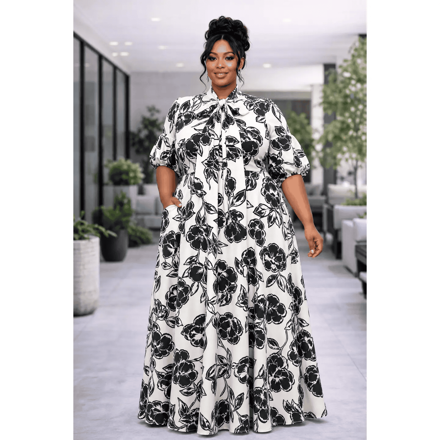 New – Designer Plus Size Crepe Techno Maxi Dress in White background  – 1X , 2X, 3X