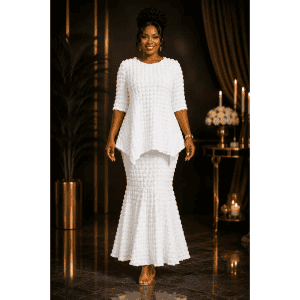 New - Designer 2pc Regular Size Popcorn Peplum White Mermaid Dress (S-XL) - Very Nice (Travel Friendly)