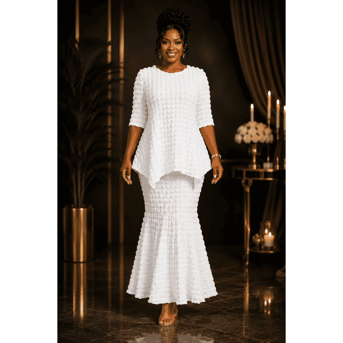 New – Designer 2pc Regular Size Popcorn Peplum White Mermaid Dress (S-XL) – Very Nice (Travel Friendly)