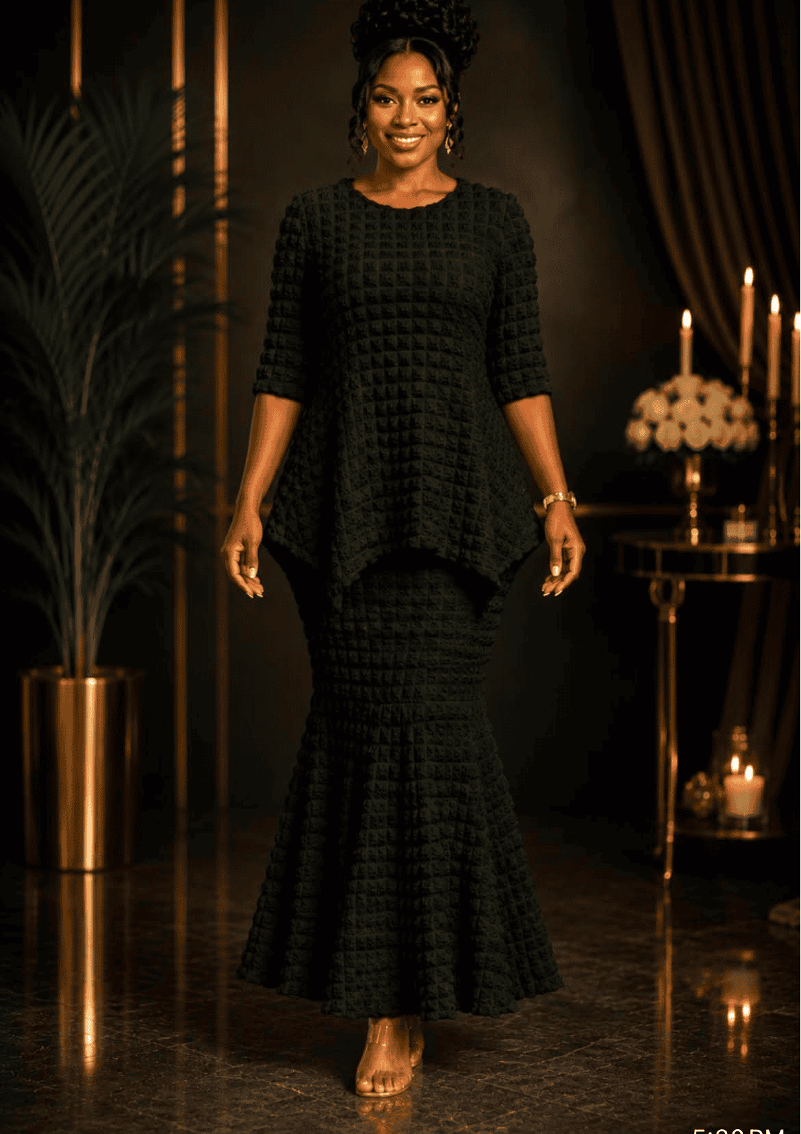 New – Designer Black 2pc – Regular Popcorn Peplum Mermaid Dress (S, M, L, XL)