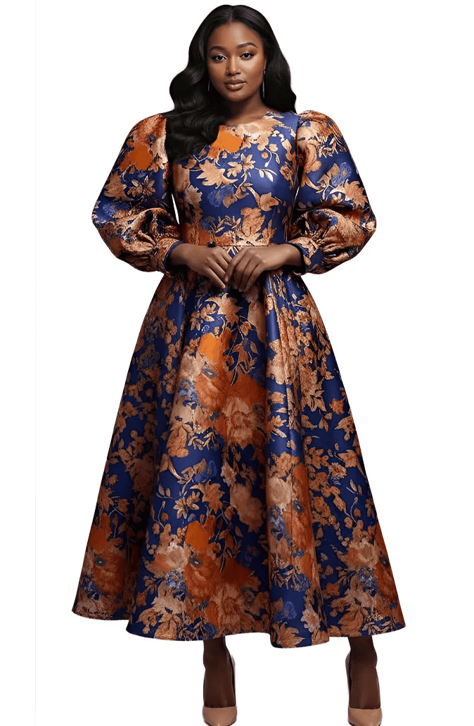 New – Designer Navy & Orange Floral Maxi Dress (Very Elegant) Size 18 (Order Yours Today)