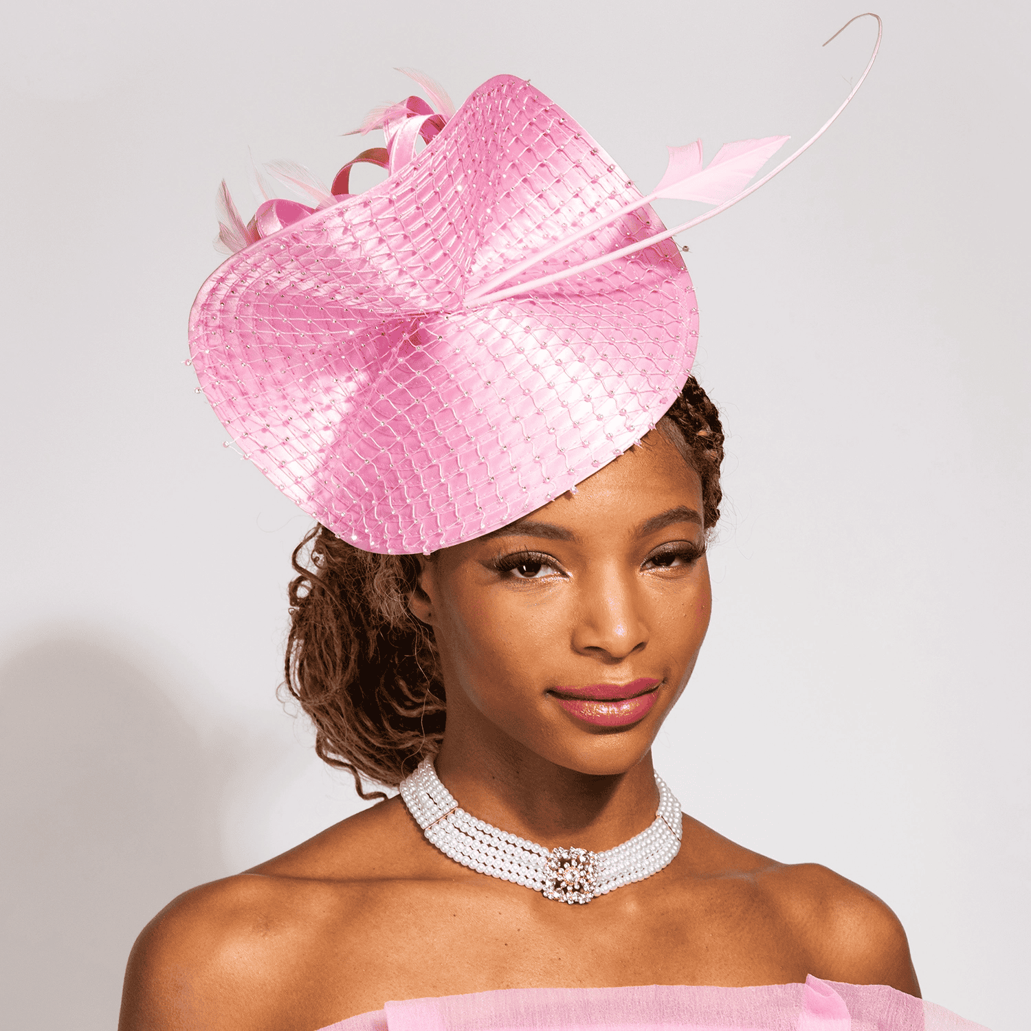New -Rhinestone Encrusted PINK Curved Braid Disc Feather Fascinator