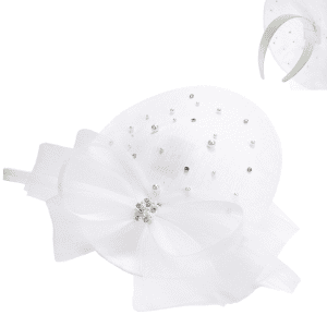 New -Organza Bow Pure White Fascinator with Pearl and Rhinestone Accent